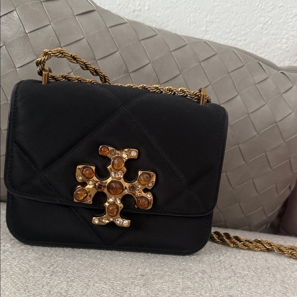 Tory Burch Black Quilted Crossbody Bag with Gold Chain